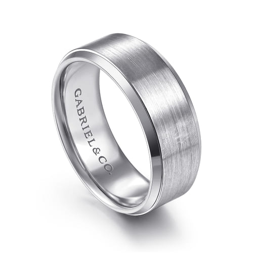 14K White Gold 8mm - Beveled Edge Men's Wedding Band in Satin Finish 14K White Gold 8mm - Beveled Edge Men's Wedding Band in Satin Finish