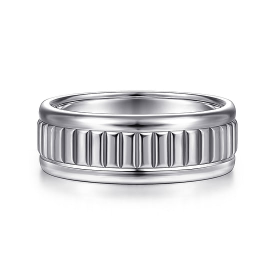 Gabriel - 14K White Gold 8mm - Carved Men's Wedding Band in High Polish Finish