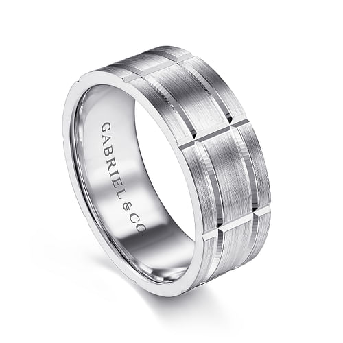 14K White Gold 8mm - Checkered Pattern Men's Wedding Band in Satin Finish