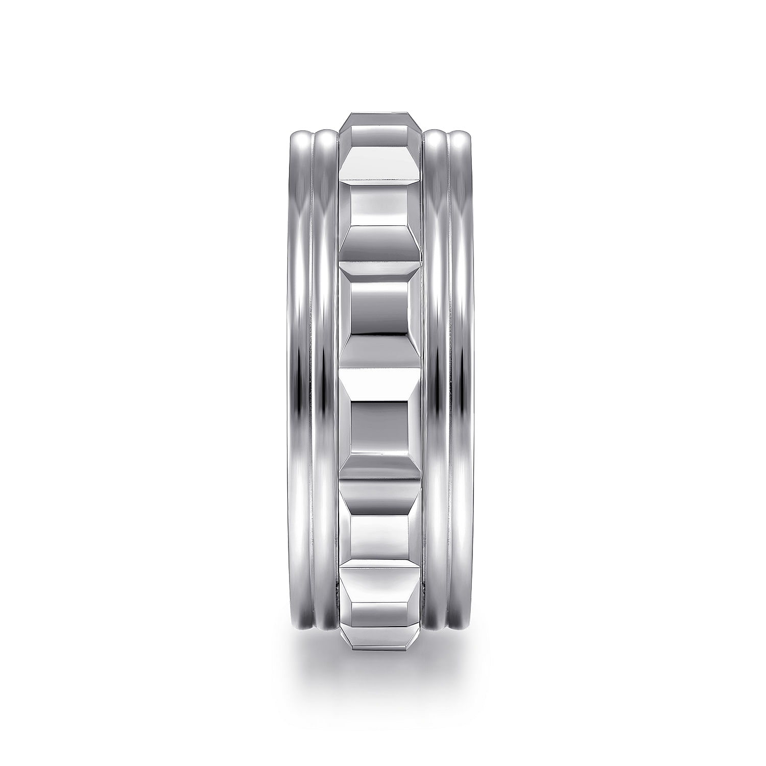 14K White Gold 8mm - Diamond Cut Inner Channel, Rounded Edge Men's Wedding Band in High Polished Finish