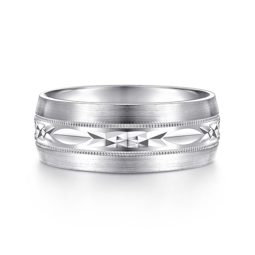 14K White Gold 8mm - Engraved Men's Wedding Band in Satin Finish