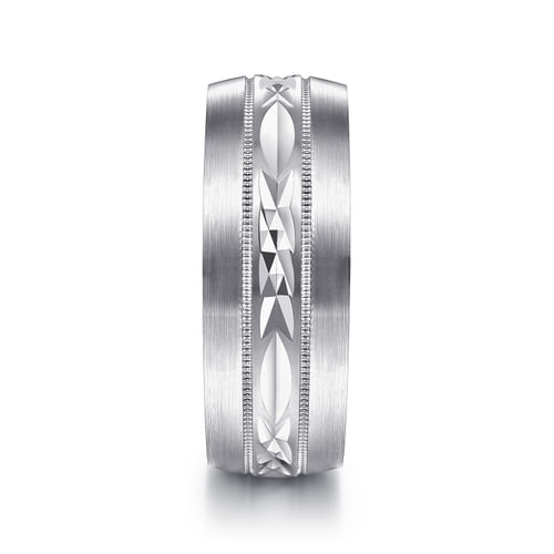 14K White Gold 8mm - Engraved Men's Wedding Band in Satin Finish