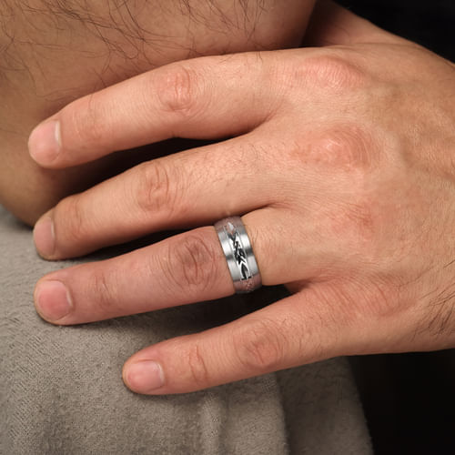 14K White Gold 8mm - Engraved Men's Wedding Band in Satin Finish