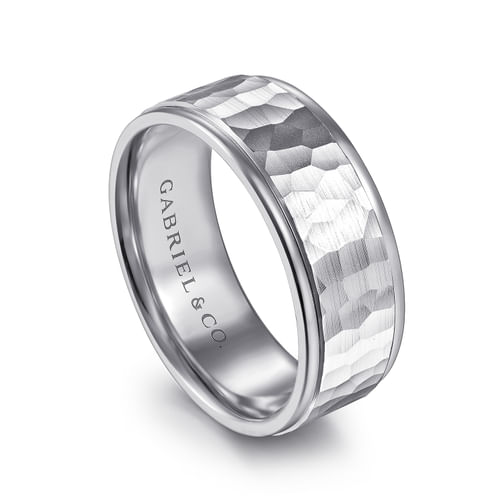 14K White Gold 8mm - Hammered Men's Wedding Band