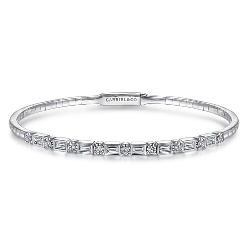 14K White Gold Alternating Baguette and Round Diamond Bangle