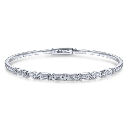 14K White Gold Alternating Baguette and Round Diamond Bangle