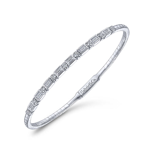 14K White Gold Alternating Baguette and Round Diamond Bangle