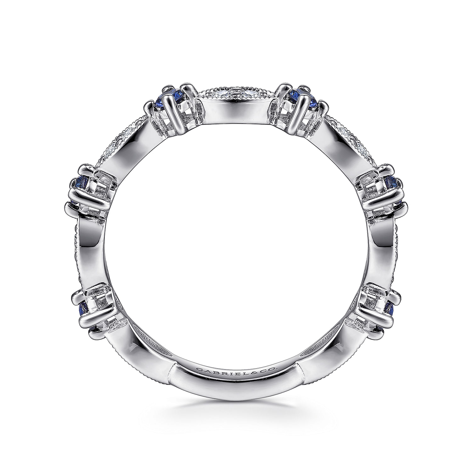 14K White Gold Alternating Diamond Cluster Marquis and Sapphire Stackable Ring