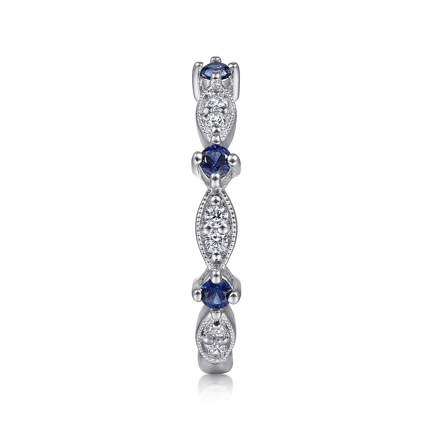 14K White Gold Alternating Diamond Cluster Marquis and Sapphire Stackable Ring