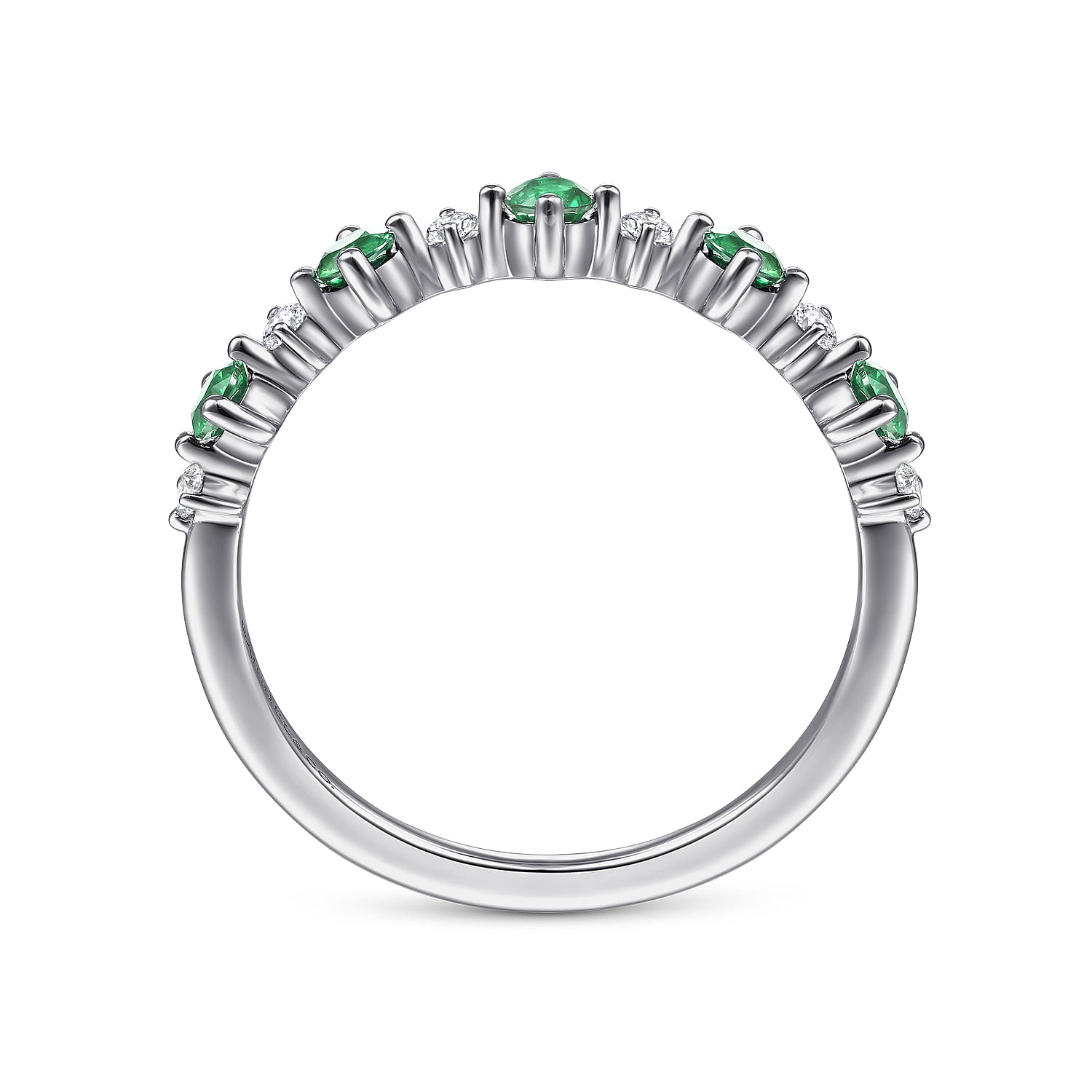 14K White Gold Alternating Round Diamond and Emerald Ring