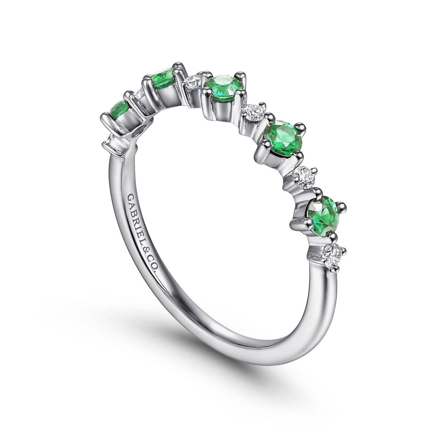 14K White Gold Alternating Round Diamond and Emerald Ring