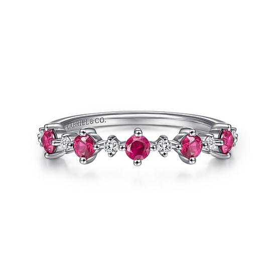 Gabriel - 14K White Gold Alternating Round Diamond and Ruby Ring