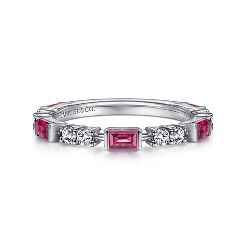 14K White Gold Alternating Ruby Baguette and Diamond Ring