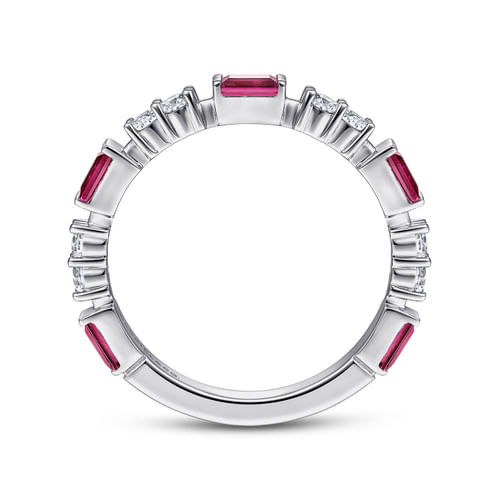 14K White Gold Alternating Ruby Baguette and Diamond Ring