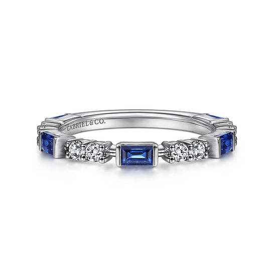 Gabriel - 14K White Gold Alternating Sapphire Baguette and Diamond Ring