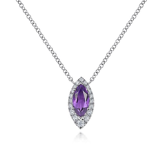 Gabriel - 14K White Gold Amethyst Marquise and Diamond Halo Pendant Necklace