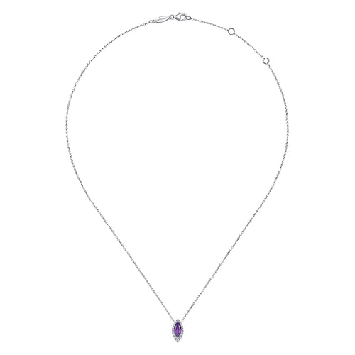 14K White Gold Amethyst Marquise and Diamond Halo Pendant Necklace