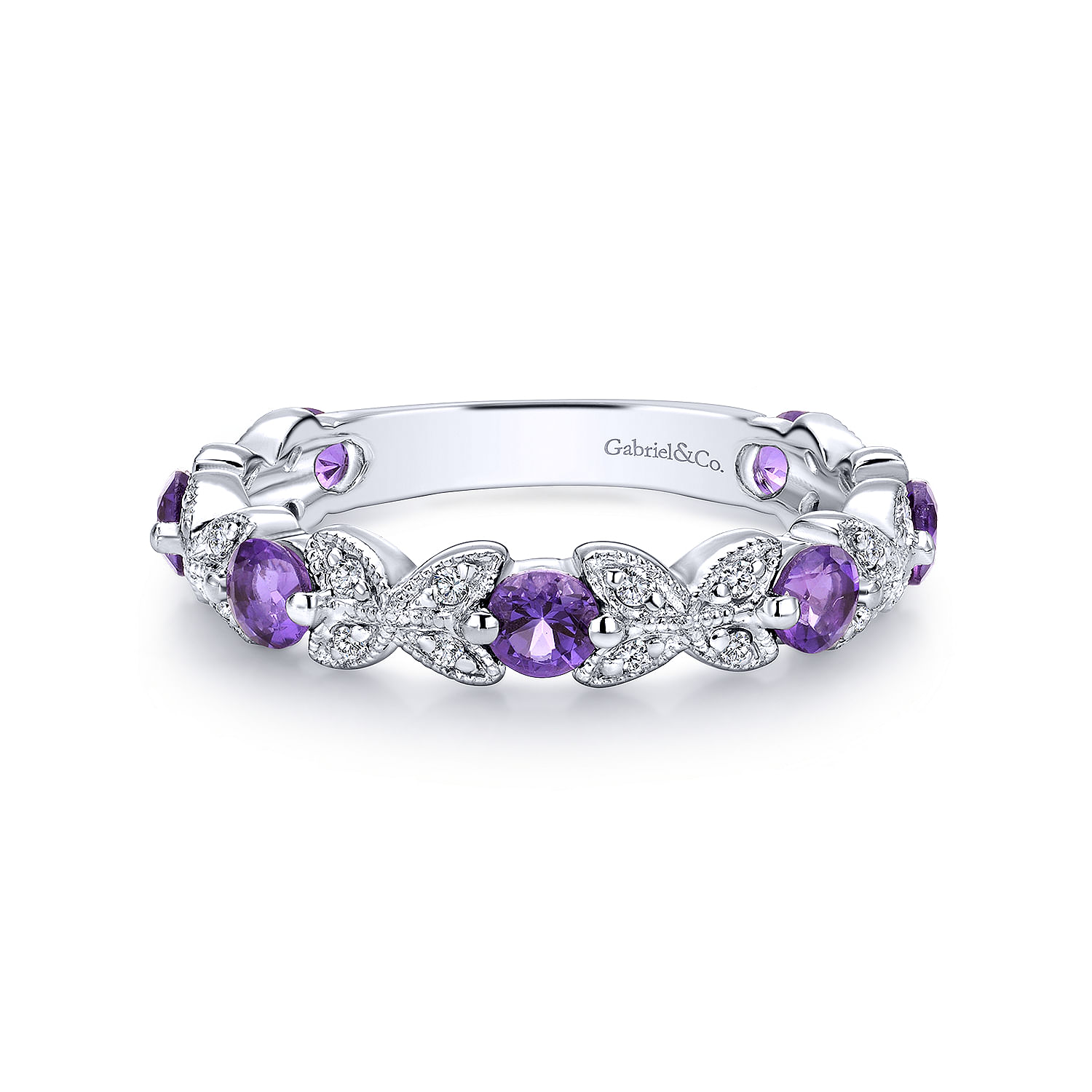14K White Gold Amethyst and Diamond Butterfly Stackable Ring