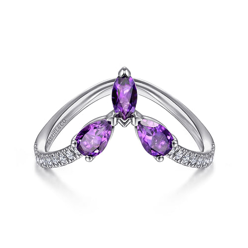 14K White Gold Amethyst and Diamond Curved V Ring