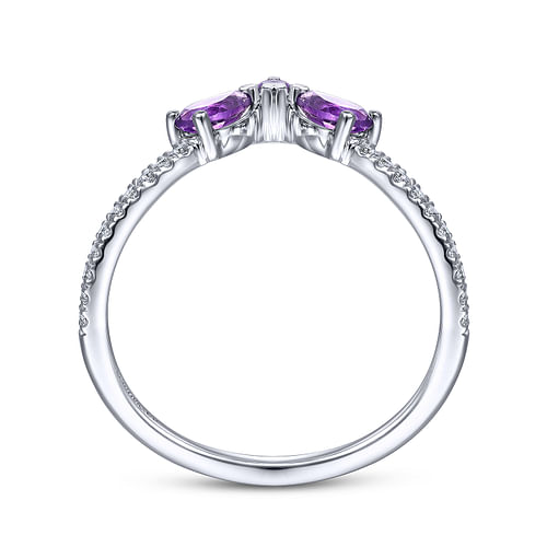 14K White Gold Amethyst and Diamond Curved V Ring