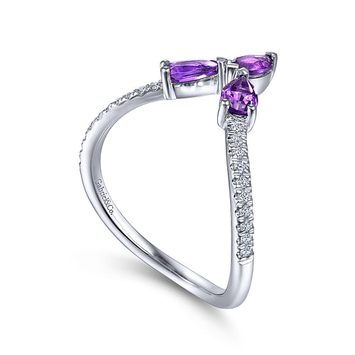 14K White Gold Amethyst and Diamond Curved V Ring