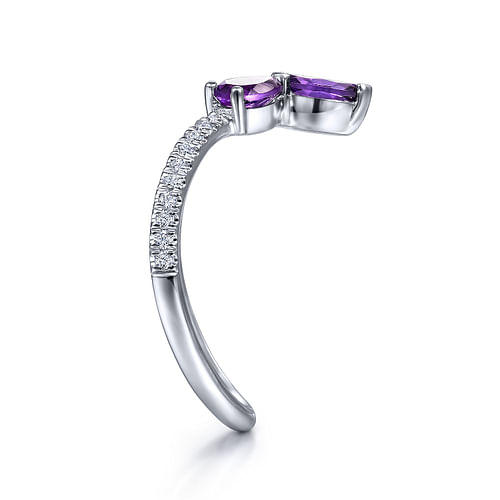 14K White Gold Amethyst and Diamond Curved V Ring