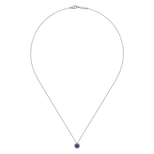 14K White Gold Amethyst and Diamond Halo Pendant Necklace