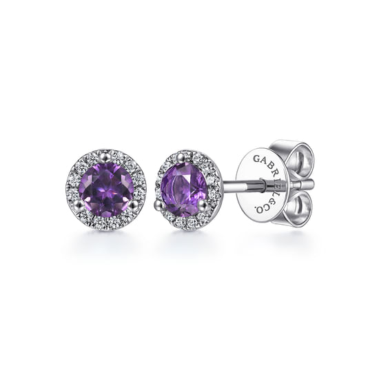 Gabriel - 14K White Gold Amethyst and Diamond Halo Stud Earrings