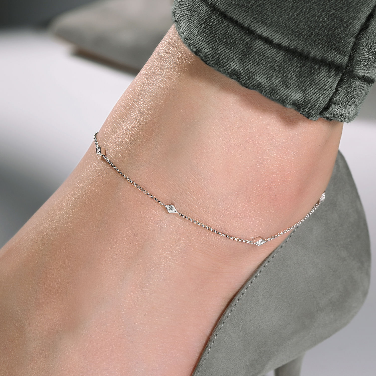 14K White Gold Ankle Bracelet with Marquise Shaped Diamond Stations