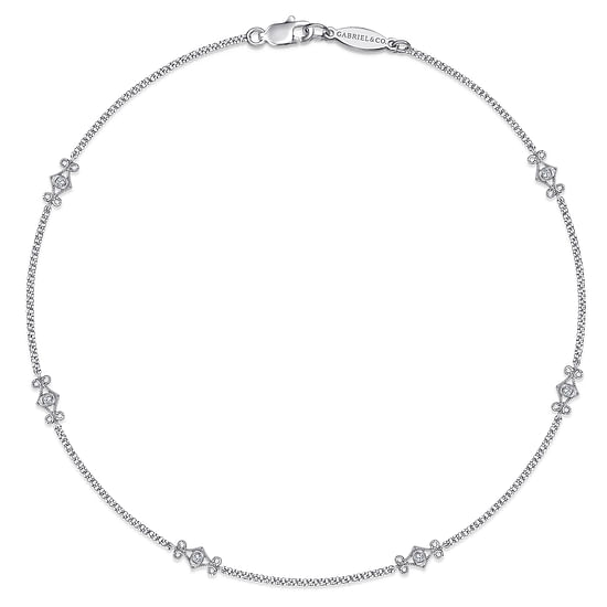 Gabriel - 14K White Gold Ankle Bracelet with Swirly Diamond Stations