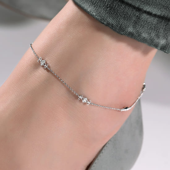 14K White Gold Ankle Bracelet with Swirly Diamond Stations angle 3