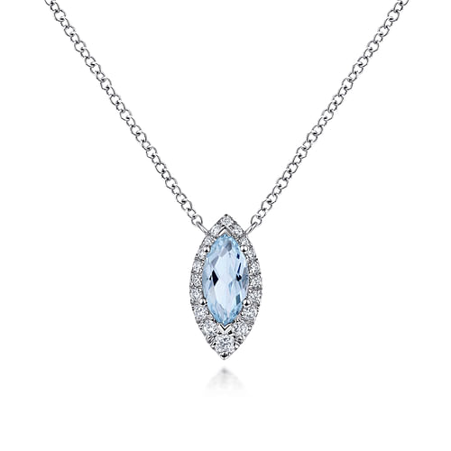 14K White Gold Aquamarine Marquise and Diamond Halo Pendant Necklace