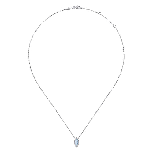 14K White Gold Aquamarine Marquise and Diamond Halo Pendant Necklace