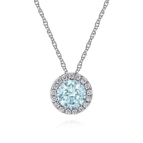 14K White Gold Aquamarine and Diamond Halo Pendant Necklace