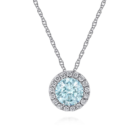 Gabriel - 14K White Gold Aquamarine and Diamond Halo Pendant Necklace