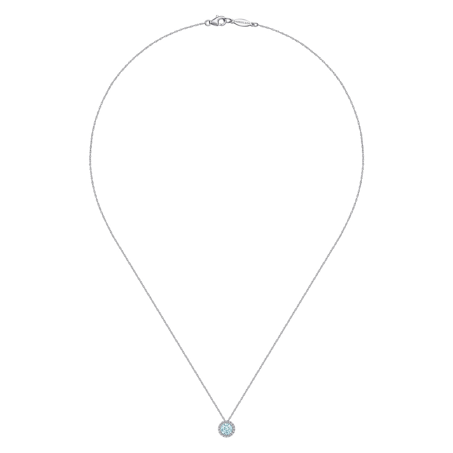 14K White Gold Aquamarine and Diamond Halo Pendant Necklace