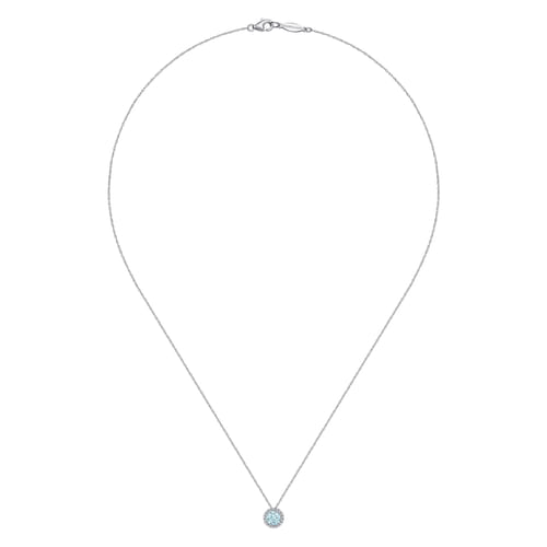14K White Gold Aquamarine and Diamond Halo Pendant Necklace
