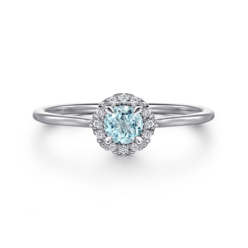 14K White Gold Aquamarine and Diamond Halo Ring