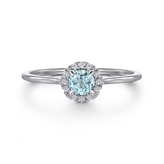 Gabriel - 14K White Gold Aquamarine and Diamond Halo Ring