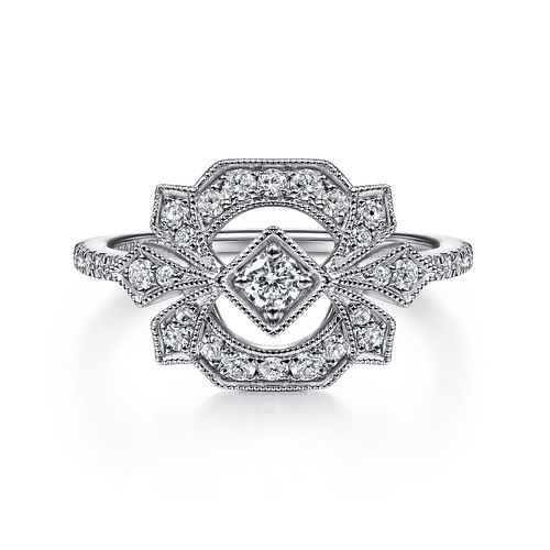 14K White Gold Art Deco Floral Diamond Ring