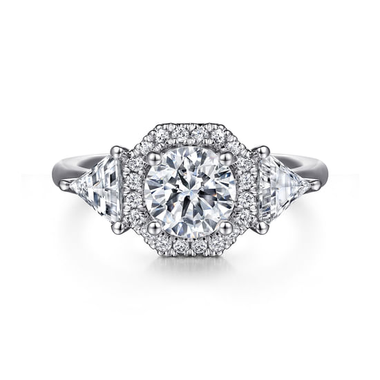 Gabriel - 14K White Gold Art Deco Inspired Round Three Stone Halo Diamond Engagement Ring