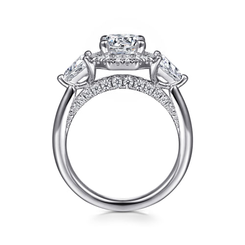 14K White Gold Art Deco Inspired Round Three Stone Halo Diamond Engagement Ring