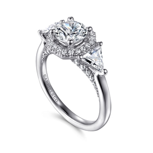 14K White Gold Art Deco Inspired Round Three Stone Halo Diamond Engagement Ring