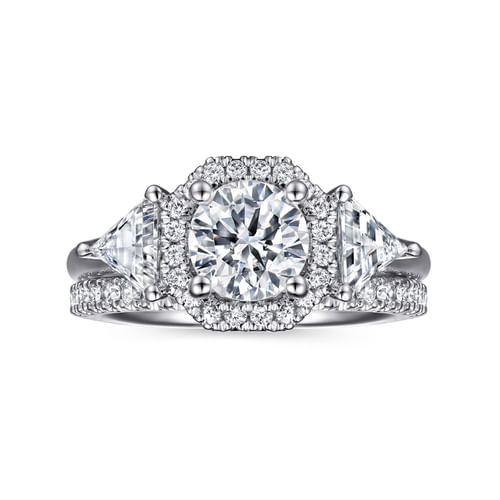 14K White Gold Art Deco Inspired Round Three Stone Halo Diamond Engagement Ring