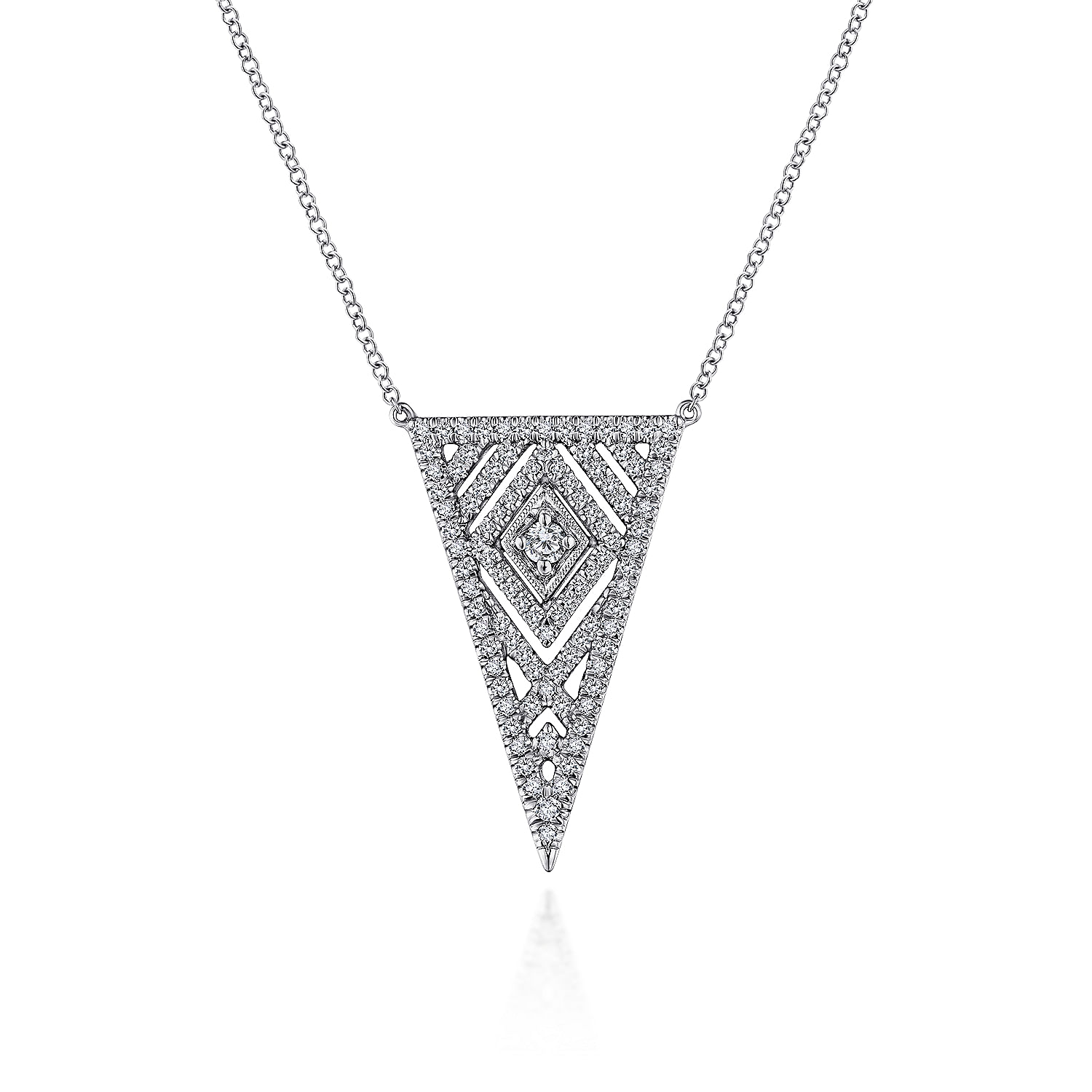 14K White Gold Art Moderne Triangular Diamond Pendant Necklace