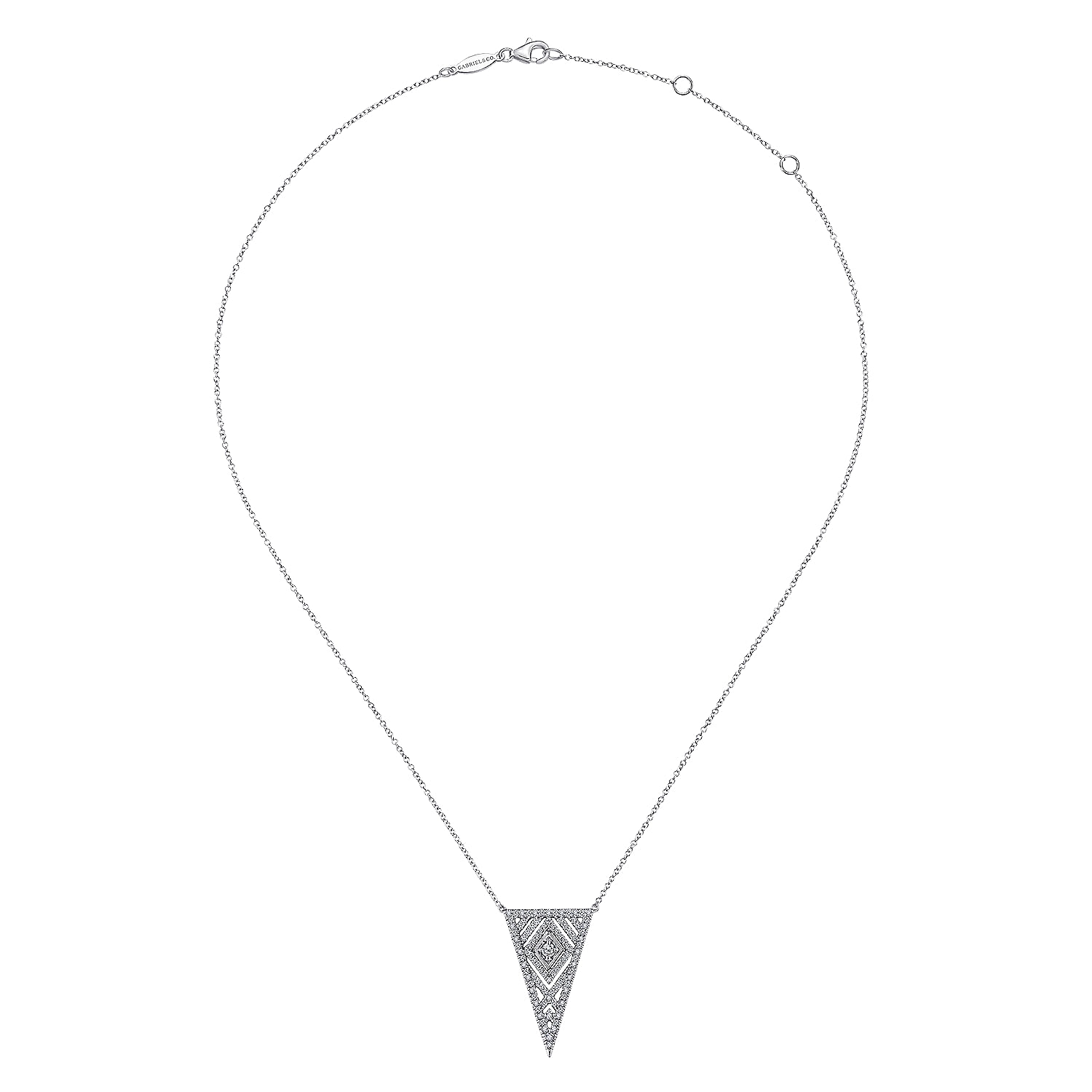 14K White Gold Art Moderne Triangular Diamond Pendant Necklace