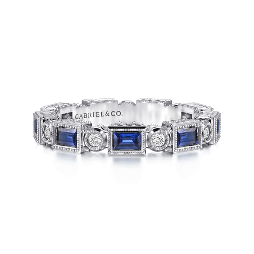 14K White Gold Baguette Sapphire and Round Diamond Eternity Band