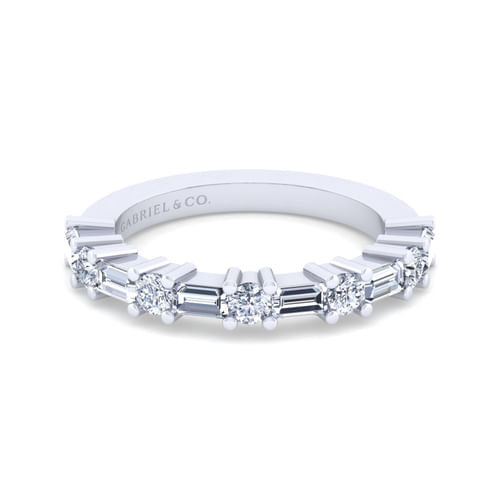 14K White Gold Baguette and Round 11 Stone Diamond Anniversary Band