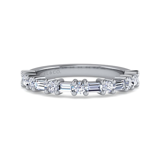 Gabriel - 14K White Gold Baguette and Round 13 Stone Diamond Anniversary Band