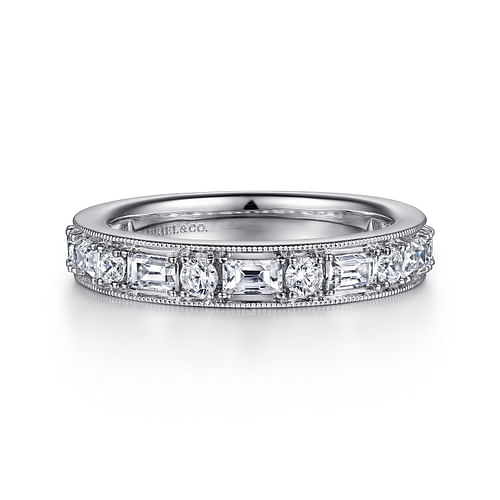 14K White Gold Baguette and Round Diamond Anniversary Band